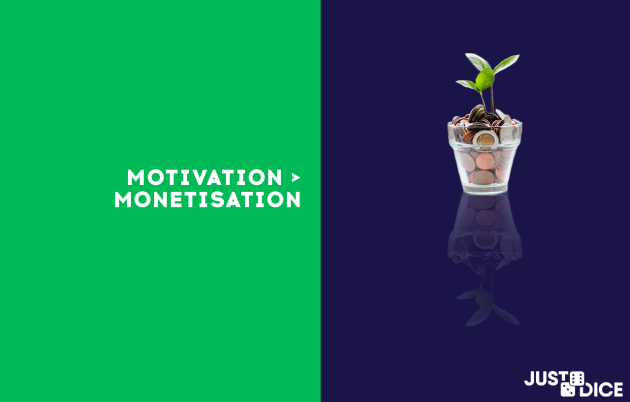 Motivation is better than monetisation with a picture of a small plant growing from a pot of coins