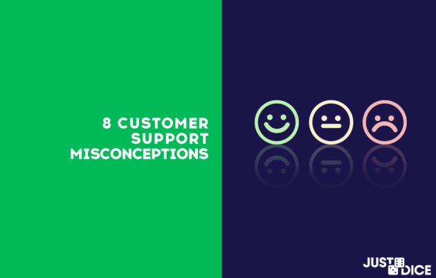 A green and blue image with a title reading 8 customer service conceptions with 3x emojis: happy, ok, and upset