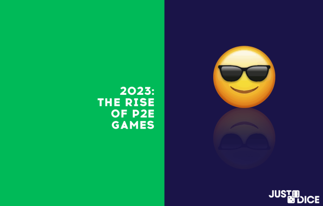 The headline '2023: the rise of p2e games' with a yellow emoji with black sunglasses on