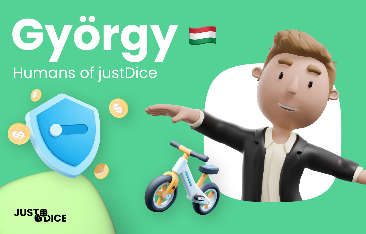 Cartoon avatar of György with his arms out smiling with a security shield representing his backend work and a BMX bike emijo