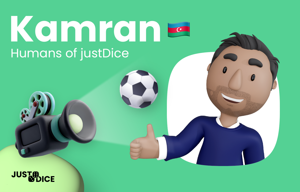 A digital illustration of Kamran, a featured team member in the 'Humans of justDice' series. The image includes a 3D-style avatar of Kamran smiling and giving a thumbs-up, along with a film camera projecting light and a soccer ball floating nearby. The background is green, with the text 'Kamran' accompanied by the Azerbaijani flag and 'Humans of justDice' written below. The justDice logo appears in the bottom left corner.