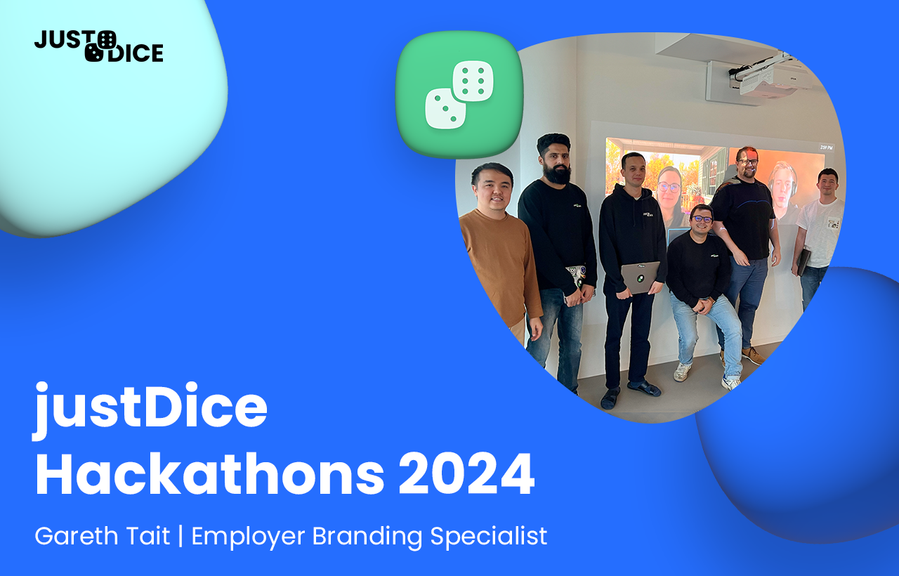 A blue background with a photo of the smiling Hackathon-ers with the headline 