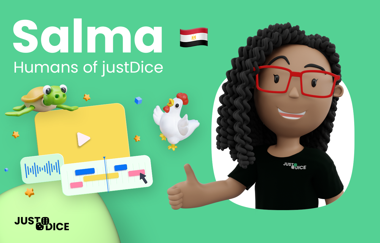 Salma Humans of justDice image with a emoji chicken, turtle, soundboard and a cartoon avatar of Salma with her thumb up