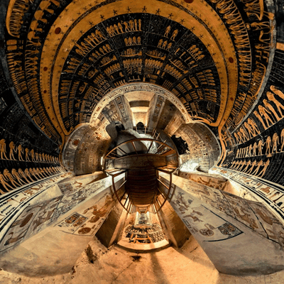A 360 gif view of an Egyptian tomb ceiling