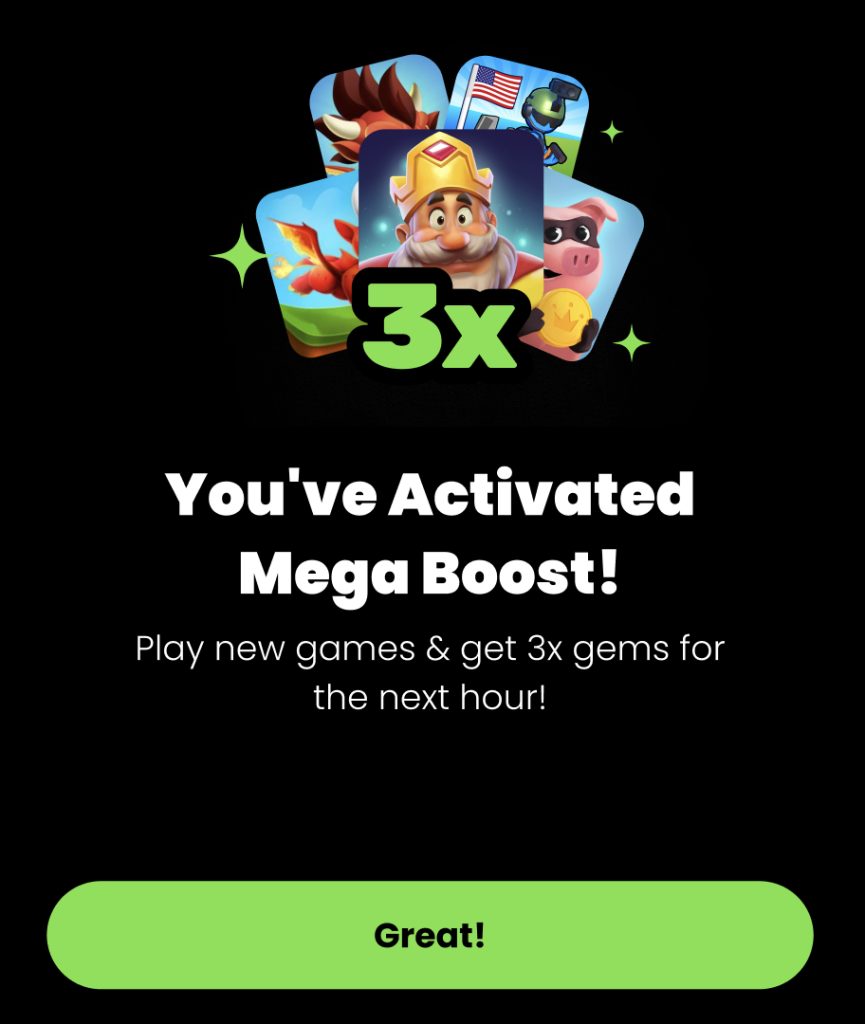 A mobile app screen showing a “3x” bonus activation with cartoon game icons in the background. The message reads: “You've Activated Mega Boost! Play new games & get 3x gems for the next hour!” with a green button labeled “Great!” at the bottom.